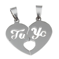 Stainless Steel Couple Pendants, Heart, for couple, original color, 16x28x1mm, Hole:Approx 4x7mm, 10Pairs/Bag, Sold By Bag