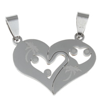 Stainless Steel Couple Pendants, Heart, for couple, original color, 20x26x1mm, 18x21x1mm, Hole:Approx 4x7mm, 10Pairs/Bag, Sold By Bag