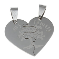 Stainless Steel Couple Pendants, Heart, word my family, for couple, original color, 30x26x1mm, Hole:Approx 4x7mm, 10Pairs/Bag, Sold By Bag