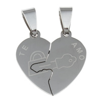 Stainless Steel Couple Pendants, Heart, for couple, original color, 12x24x1mm, 19x24x1mm, Hole:Approx 4x7mm, 10Pairs/Bag, Sold By Bag
