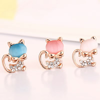 Tibetan Style Stud Earring, with Cats Eye, stainless steel post pin, Fox, real gold plated, with rhinestone, more colors for choice, nickel, lead & cadmium free, 17x15mm, Sold By Pair