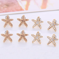 Rhinestone Earring, Tibetan Style, stainless steel post pin, Starfish, real gold plated, with rhinestone, more colors for choice, nickel, lead & cadmium free, 13x13mm, Sold By Pair