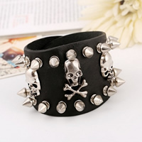 Men Bracelet Cowhide with Zinc Alloy Spike plumbum black color plated with skull pattern nickel lead & cadmium free 50mm Length Approx 9 Inch Sold By Lot