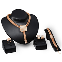 Tibetan Style Jewelry Sets, finger ring & bracelet & earring & necklace, brass post pin, with 2lnch extender chain, rose gold color plated, lantern chain & with rhinestone, nickel, lead & cadmium free, 140mm, 190mm, 20mm, 111mm, Length:Approx 7.4 Inch, Approx 17 Inch, 10Sets/Lot, Sold By Lot