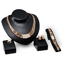 Tibetan Style Jewelry Sets, finger ring & bracelet & earring & necklace, brass post pin, rose gold color plated, with rhinestone, nickel, lead & cadmium free, 140mm, 170mm, 22mm, 11mm, Length:Approx 6.6 Inch, Approx 17 Inch, 10Sets/Lot, Sold By Lot
