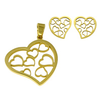 Fashion Stainless Steel Jewelry Sets, pendant & earring, Heart, gold color plated, hollow, 29x33x2mm, 14x15x1mm, Hole:Approx 4.5x9mm, 5Sets/Lot, Sold By Lot