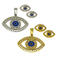 Onda ögat smycken som, hänge & örhänge, ROSTFRITT STÅL, Evil Eye, plated, emalj & med strass, fler färger för val, 34x27x1.7mm, 15x10x1.5mm, Hål:Ca 5x10mm, 5Satser/Lot, Säljs av Lot