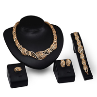 Zinc Alloy Jewelry Sets finger ring & bracelet & earring & necklace brass post pin with 2lnch extender chain 18K gold plated with rhinestone & hollow nickel lead & cadmium free 155mm 181mm 30mm 32mm Length Approx 7 Inch Approx 19 Inch Sold By Lot