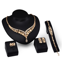 Tibetan Style Jewelry Sets, finger ring & bracelet & earring & necklace, brass post pin, 18K gold plated, with rhinestone, nickel, lead & cadmium free, 140mm, 270mm, 30mm, 30mm, Length:Approx 10 Inch, Approx 17 Inch, 5Sets/Lot, Sold By Lot
