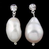 Freshwater Pearl Drop Earring, brass post pin, Rice, silver color plated, natural & with rhinestone, white, 10-11mm, Sold By Pair
