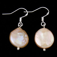 Freshwater Pearl Drop Earring brass earring hook Coin silver color plated natural pink 13-14mm Sold By Pair