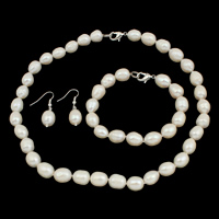 Natural Cultured Freshwater Pearl Jewelry Sets bracelet & earring & necklace brass clasp iron earring hook Rice white 10-11mm Length Approx 7.5 Inch Approx 17 Inch Sold By Set