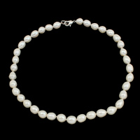 Природное пресноводное жемчужное ожерелье, Пресноводные жемчуги, латунь замочек, Рисообразная, натуральный, различной длины для выбора & разные стили для выбора, белый, 9-10mm, продается Strand