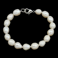 Bracelet en perles de culture d'eau douce, perle d'eau douce cultivée, laiton fermoir, riz, naturel, styles différents pour le choix, blanc, 9-10mm, Vendu par Environ 7.5 pouce brin