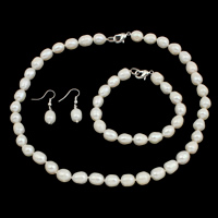 Natural Cultured Freshwater Pearl Jewelry Sets bracelet & earring & necklace brass clasp iron earring hook Rice white 9-10mm Length Approx 7.5 Inch Approx 17 Inch Sold By Set