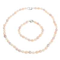 Natural Cultured Freshwater Pearl Jewelry Sets bracelet & necklace brass clasp Rice multi-colored 7-8mm Length Approx 7.4 Inch Approx 17 Inch Sold By Set