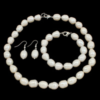 Natural Cultured Freshwater Pearl Jewelry Sets bracelet & earring & necklace brass clasp iron earring hook Rice white 11-12mm Length Approx 7.5 Inch Approx 17 Inch Sold By Set