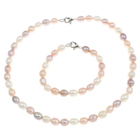 Natural Cultured Freshwater Pearl Jewelry Sets bracelet & necklace brass clasp Rice multi-colored 8-9mm Length Approx 7.5 Inch Approx 17 Inch Sold By Set