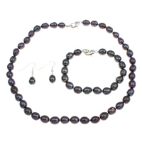 Natural Cultured Freshwater Pearl Jewelry Sets, bracelet & earring & necklace, brass clasp, iron earring hook, Rice, different styles for choice, dark purple, 8-9mm, Length:Approx 7.5 Inch, Approx 17 Inch, Sold By Set