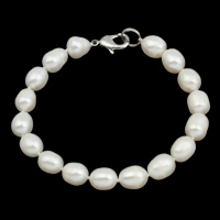 Sötvatten odlade Pearl Bracelet, Freshwater Pearl, mässing lås, Ris, naturlig, olika stilar för val, vit, 8-9mm, Såld Per Ca 7.5 inch Strand
