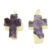 Natural Quartz Druzy Pendants Amethyst with Brass Cross February Birthstone & druzy style - Approx Sold By Bag
