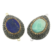 Gemstone Connector, with Rhinestone Clay Pave & Brass, natural, mixed & 1/1 loop, 26x42x6.5mm-26x42x7mm, Hole:Approx 2mm, 5PCs/Bag, Sold By Bag