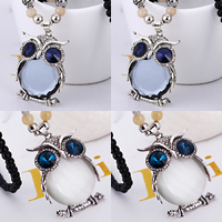 Cat Eye Sweater Necklace, Tibetan Style, with Cats Eye & Crystal & Glass, with 2Inch extender chain, Owl, antique silver color plated, faceted & with rhinestone, more colors for choice, nickel, lead & cadmium free, Length:Approx 28 Inch, 12Strands/Lot, Sold By Lot
