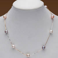 925 Sterling Silver Pearl Necklace, Freshwater Pearl, with sterling silver chain, Rice, plated, natural & box chain, multi-colored, 7-8mm, Sold Per Approx 17 Inch Strand