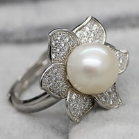 Freshwater Pearl Open Finger Ring, with Brass, Flower, silver color plated, natural & adjustable & micro pave cubic zirconia, white, 9-10mm, US Ring Size:7, Sold By PC