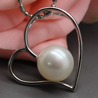 Freshwater Pearl Pendants, with Brass, Heart, silver color plated, natural, white, 9-9.5mm, Hole:Approx 3-7mm, Sold By PC
