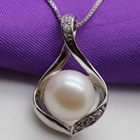 Freshwater Pearl Pendants, with Brass, Leaf, silver color plated, natural & micro pave cubic zirconia, white, 9-9.5mm, Hole:Approx 3-5mm, Sold By PC