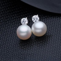 Freshwater Pearl Stud Earring, with Brass, Potato, natural, with cubic zirconia, white, 8-9mm, Sold By Pair