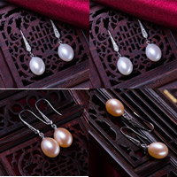 Freshwater Pearl Drop Earring, brass earring hook, Potato, natural, micro pave cubic zirconia, more colors for choice, 9-10mm, Sold By Pair