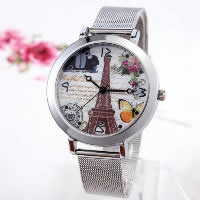 Women Wrist Watch, Tibetan Style, with Glass, platinum color plated, with Eiffel Tower pattern, 40mm, 15mm, Length:Approx 8 Inch, 20PCs/Lot, Sold By Lot