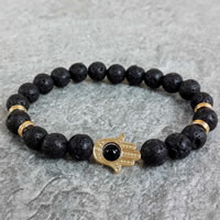 Hamsa Bracelets, Lava, with Black Stone & Tibetan Style, Evil Eye Hamsa, gold color plated, natural, nickel, lead & cadmium free, 8mm, 22PCs/Strand, Sold Per Approx 7.4 Inch Strand