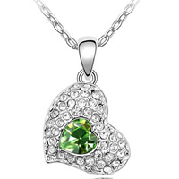 Collar de cristal austriaco, aleación de zinc, con Cristal austriario, Corazón, chapado en platina real, con diamantes de imitación, verde de oliva, 1.6x2.5cm, Vendido para aproximado 17-20 Inch Sarta