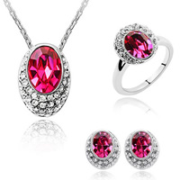 finger ring & earring & necklace, Tibetan Style, with CRYSTALLIZED™, platinum plated, fuchsia, 1.2x1.3cm, 1.2cm, 1.6x2.2cm, US Ring Size:6-9, Length:Approx 17-20 Inch, Sold By Set