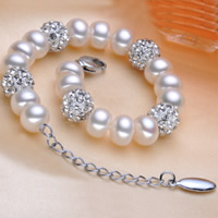 Freshwater Cultured Pearl Bracelet, Freshwater Pearl, with Rhinestone Clay Pave Bead, brass lobster clasp, with 5cm extender chain, Button, natural, with 42 pcs rhinestone, white, 8-9mm, Sold Per Approx 7 Inch Strand