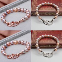 Freshwater Cultured Pearl Bracelet, Freshwater Pearl, brass foldover clasp, Potato, plated, natural & micro pave cubic zirconia, more colors for choice, 8-9mm, Sold Per Approx 7 Inch Strand