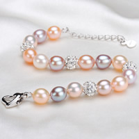 Freshwater Cultured Pearl Bracelet Freshwater Pearl with Rhinestone Clay Pave Bead brass lobster clasp with 5cm extender chain Rice natural with 42 pcs rhinestone multi-colored 7-8mm Sold Per Approx 7 Inch Strand
