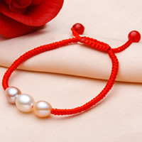 Bracelets Woven Ball perles d'eau douce, perle d'eau douce cultivée, avec corde en nylon & agate rouge, riz, naturel, réglable, multicolore, 9-10mm, Vendu par Environ 7.5 pouce brin