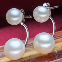 Natürliche kultivierte Süßwasserperlen Doppelt-Perlen -Band-Bolzen -Ohrring, mit Messing, Knopf, abnehmbare, weiß, 6.5-7mm, 8.5-9mm, verkauft von Paar
