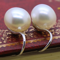 Freshwater Pearl Stud Earring, brass earring hook, Button, natural, white, 9-10mm, Sold By Pair