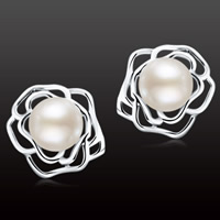 Freshwater Pearl Stud Earring with Brass Flower silver color plated natural white 8-8.5mm Sold By Pair