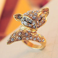 Модные кольца, цинковый сплав, Лисица, плакирован золотом, со стразами, не содержит никель, свинец, 22x25.6mm, размер:5, продается PC