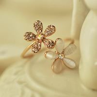 Zinc Alloy Cuff Finger Ring with Cats Eye Flower gold color plated with rhinestone nickel lead & cadmium free US Ring .5 Sold By PC