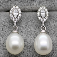 Freshwater Pearl Drop Earring with Brass Rice natural & micro pave cubic zirconia white Sold By Pair