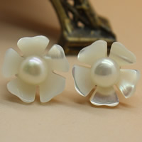 Shell Earrings, Freshwater Shell, with Freshwater Pearl, brass post pin, Flower, natural, white, 5-6mm, Sold By Pair