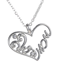 Zinc Alloy Jewelry Necklace with iron chain Heart word mom platinum color plated Mother Day Jewelry & oval chain & with rhinestone nickel lead & cadmium free Length Approx 24 Inch Sold By Bag