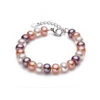 Freshwater Cultured Pearl Bracelet Freshwater Pearl brass lobster clasp with 4cm extender chain Button Shape natural multi-colored 7-8mm Sold Per Approx 7 Inch Strand